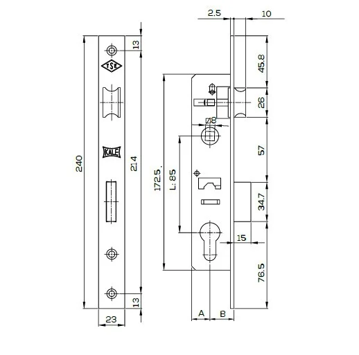 Замок дверной KALE [153U] 25/85/F23 mm (ALUM)